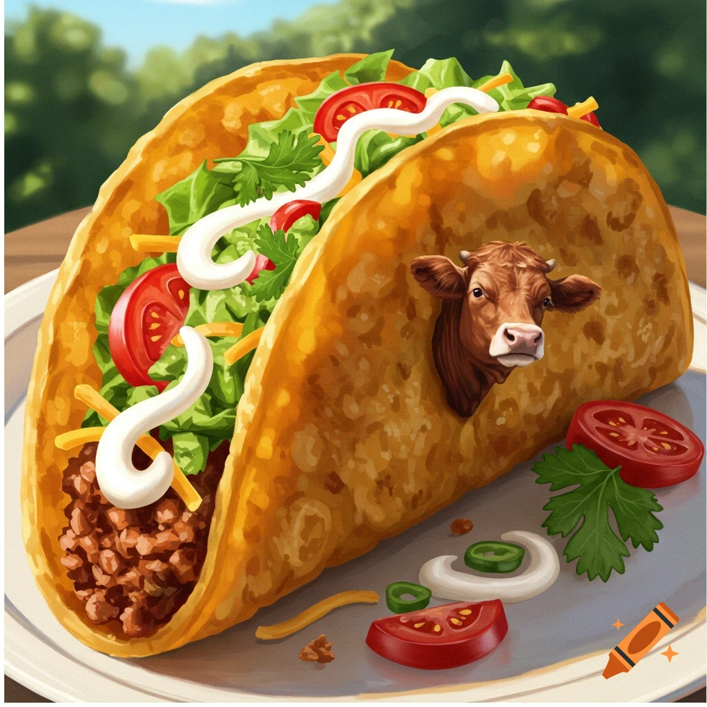 An illustration of a cow's head sticking out of a taco filled with ground meat, lettuce, tomatoes, cheese, and sour cream, on a white plate.