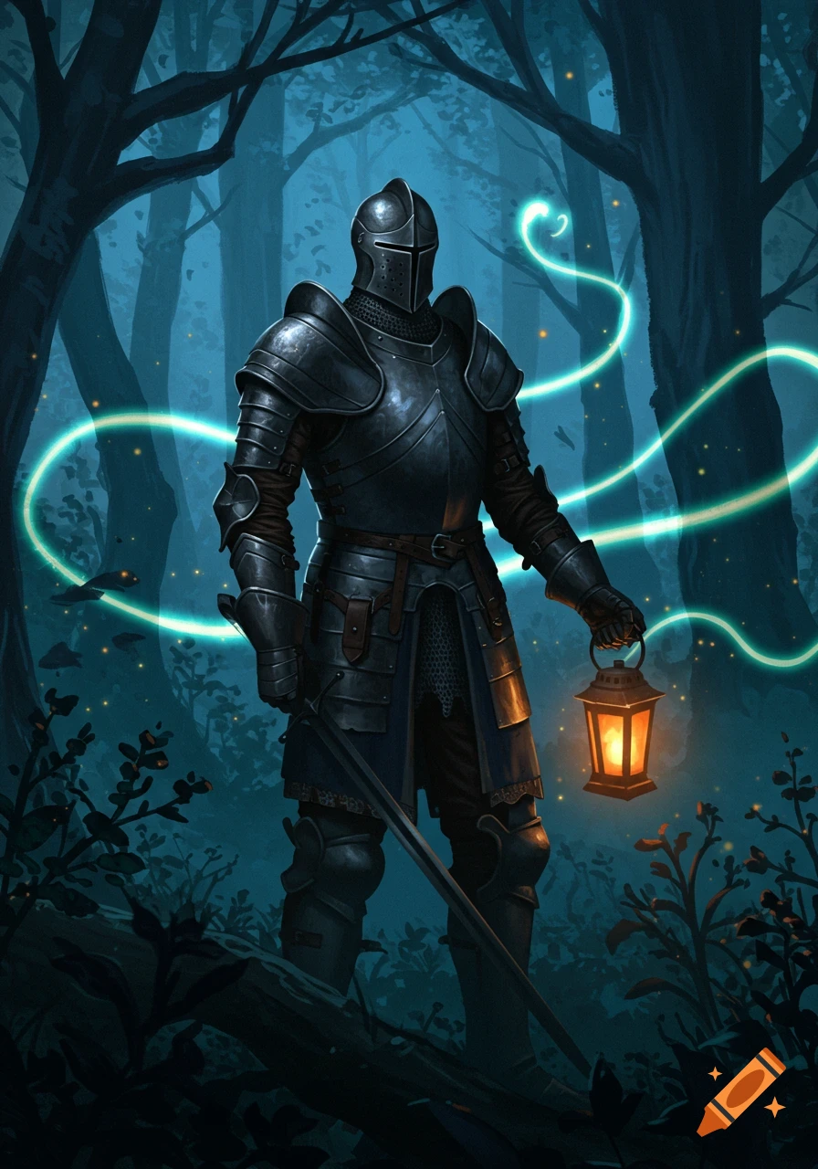 An armored knight stands in a dark, magical forest, holding a glowing lantern as light trails swirl around them. Digital painting.
