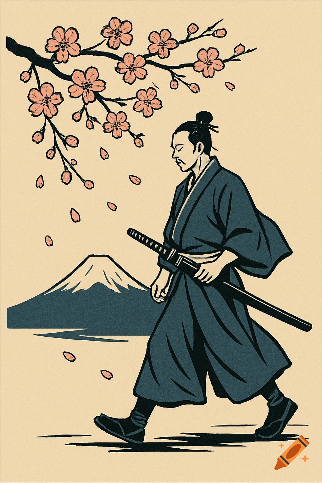 Ukiyo-e style illustration of a samurai walking under cherry blossoms with Mount Fuji in the background.