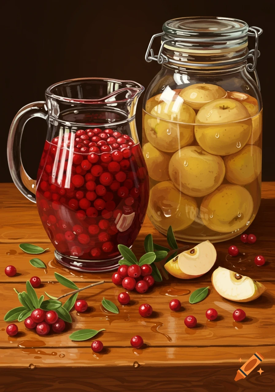 A pitcher of cranberries, a jar of pickled apples, and loose cranberries and apple slices on a wooden table, in a painterly style.