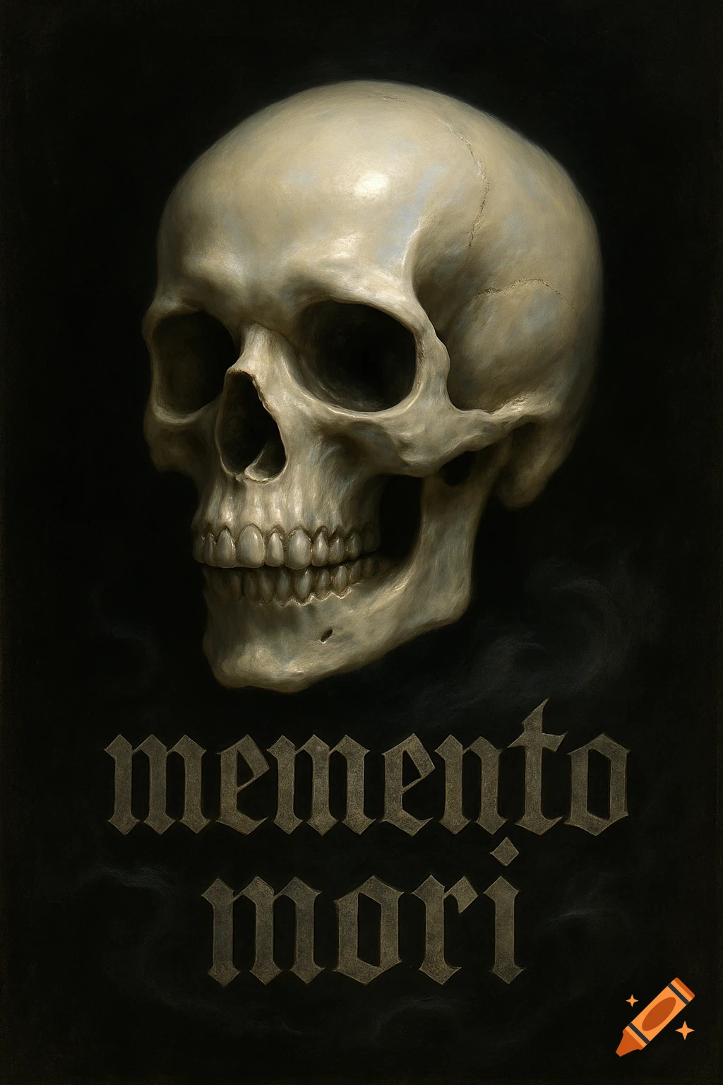 Realistic rendering of a human skull with 'memento mori' text below, against a dark background.