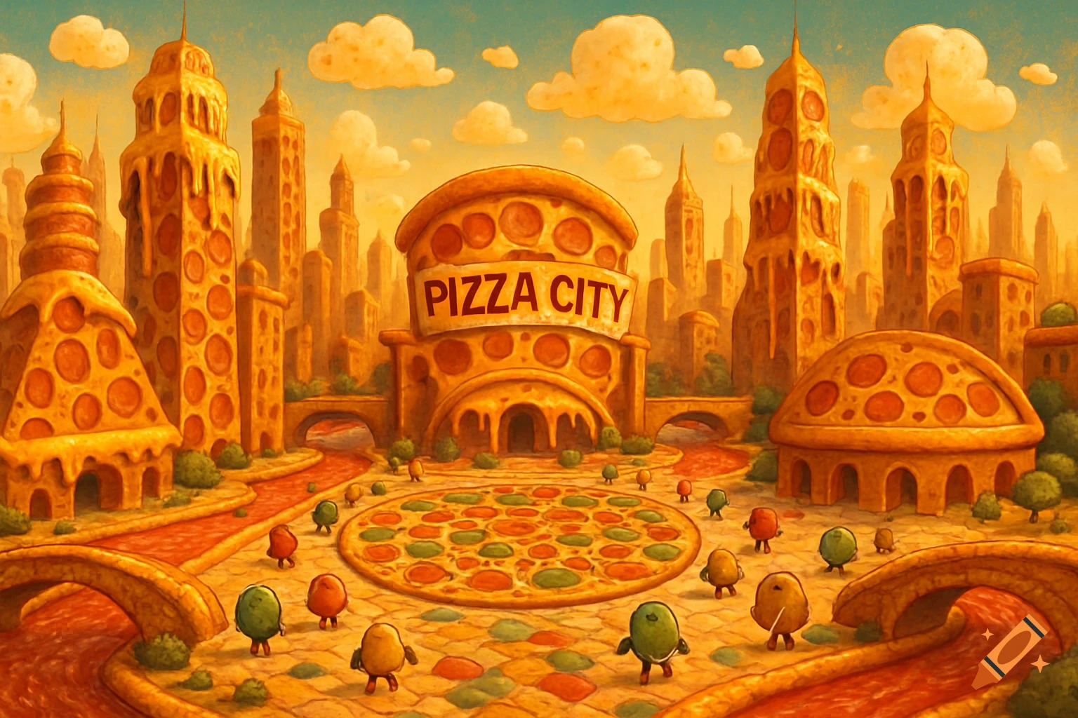 An illustrative, whimsical cityscape where all buildings are made of pizza, roads are sauce, and small pizza characters wander.