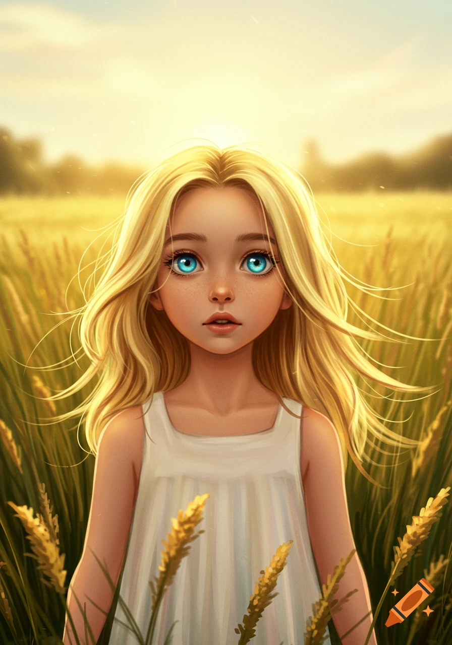 A wide-eyed blonde girl with bright blue eyes in a sunlit golden wheat field, digital art.