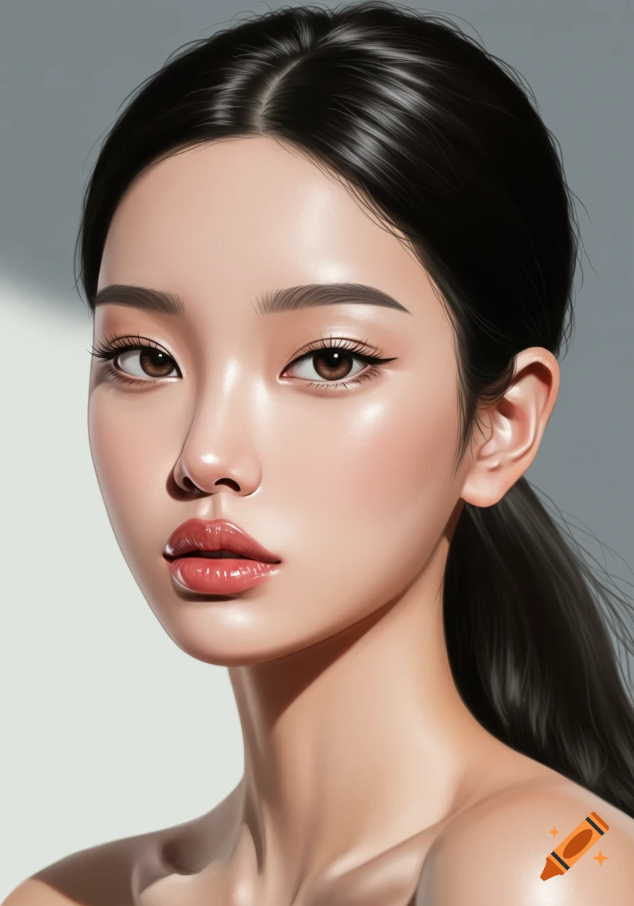 Close-up stylized digital art portrait of an Asian woman with dark hair pulled back, glossy lips, large brown eyes, and glowing skin.