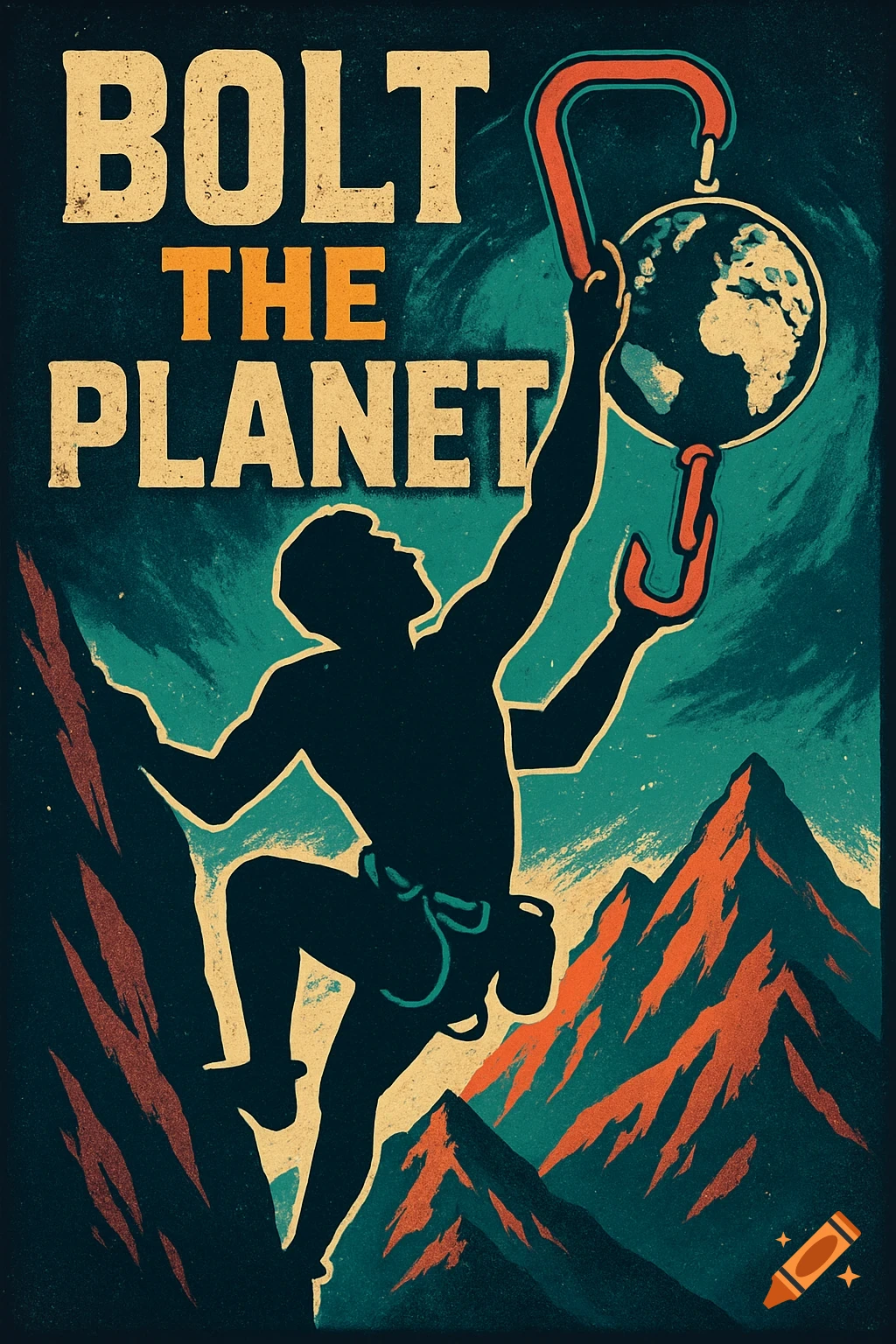 Vintage-style graphic of a rock climber scaling mountains while holding the Earth with a carabiner, with the text 'BOLT THE PLANET'.