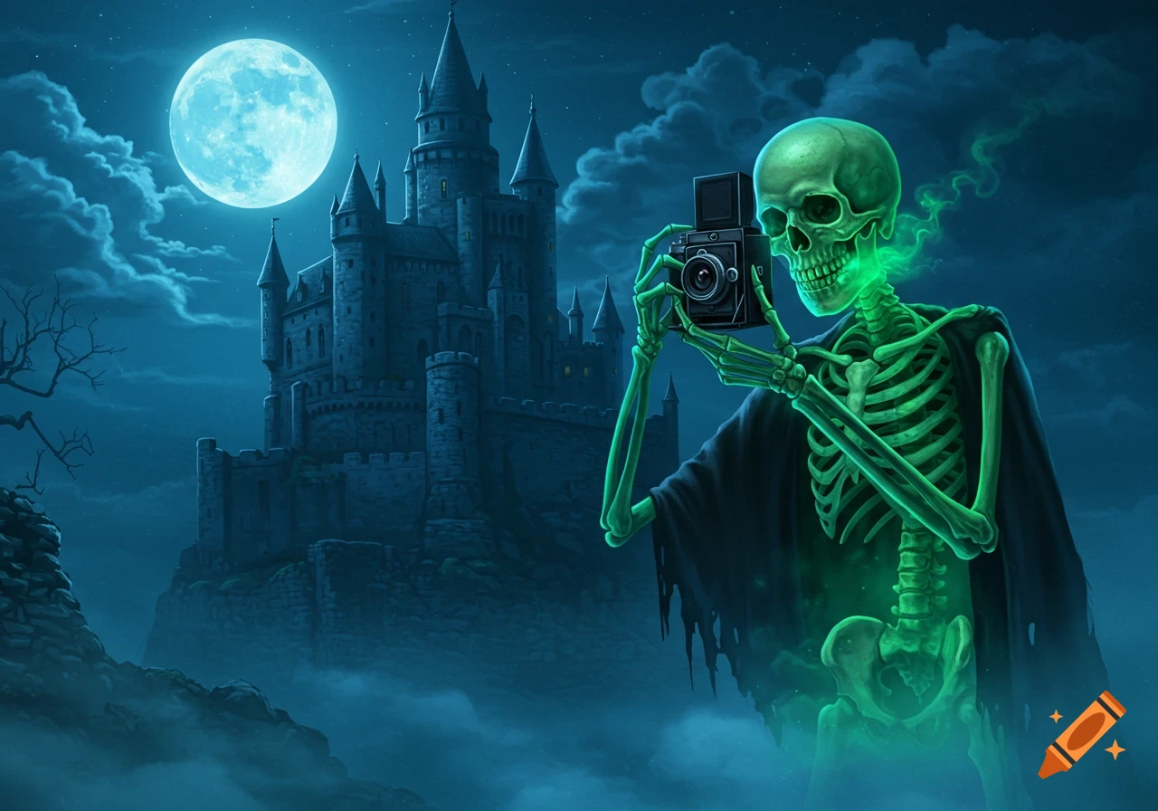 A glowing green skeleton holds a camera, taking a picture of a gothic castle under a large full moon on a cloudy night.