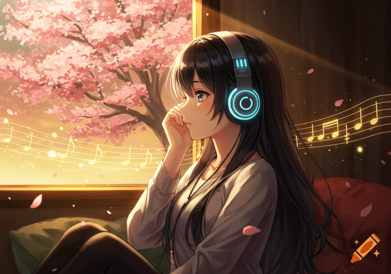 An anime girl with long dark hair wears headphones, listening to music while looking out a window at a cherry blossom tree and falling petals.