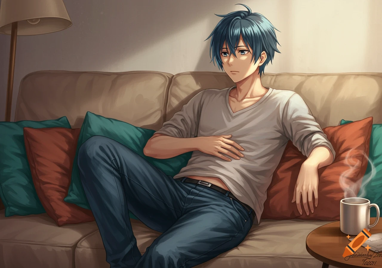 A male anime character with blue hair sits on a couch in warm sunlight, wearing a grey shirt and jeans. A steaming mug is on a table nearby.