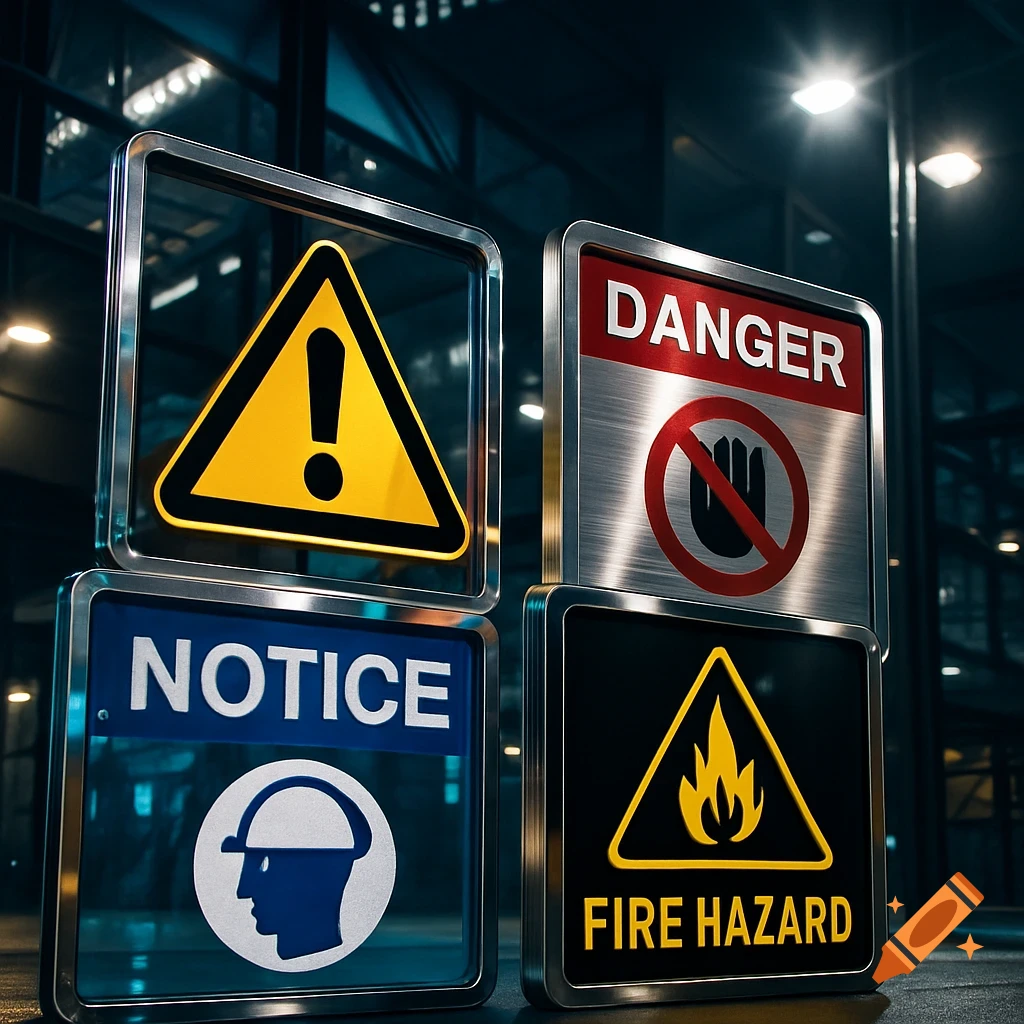 Four illuminated safety signs: warning, danger, notice, and fire hazard, against a dark industrial background.