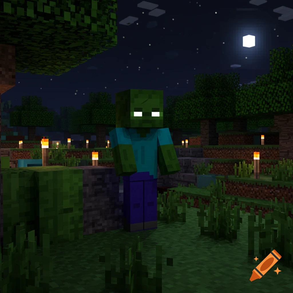 A blocky Minecraft zombie with glowing eyes stands in a dark forest at night, lit by torches and a full moon.