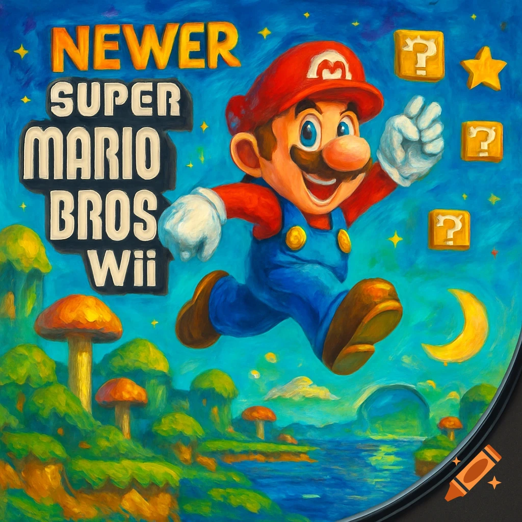 Newer Super Mario Bros Wii game cover art featuring Mario jumping, question blocks, and a starry night landscape in a painterly style.