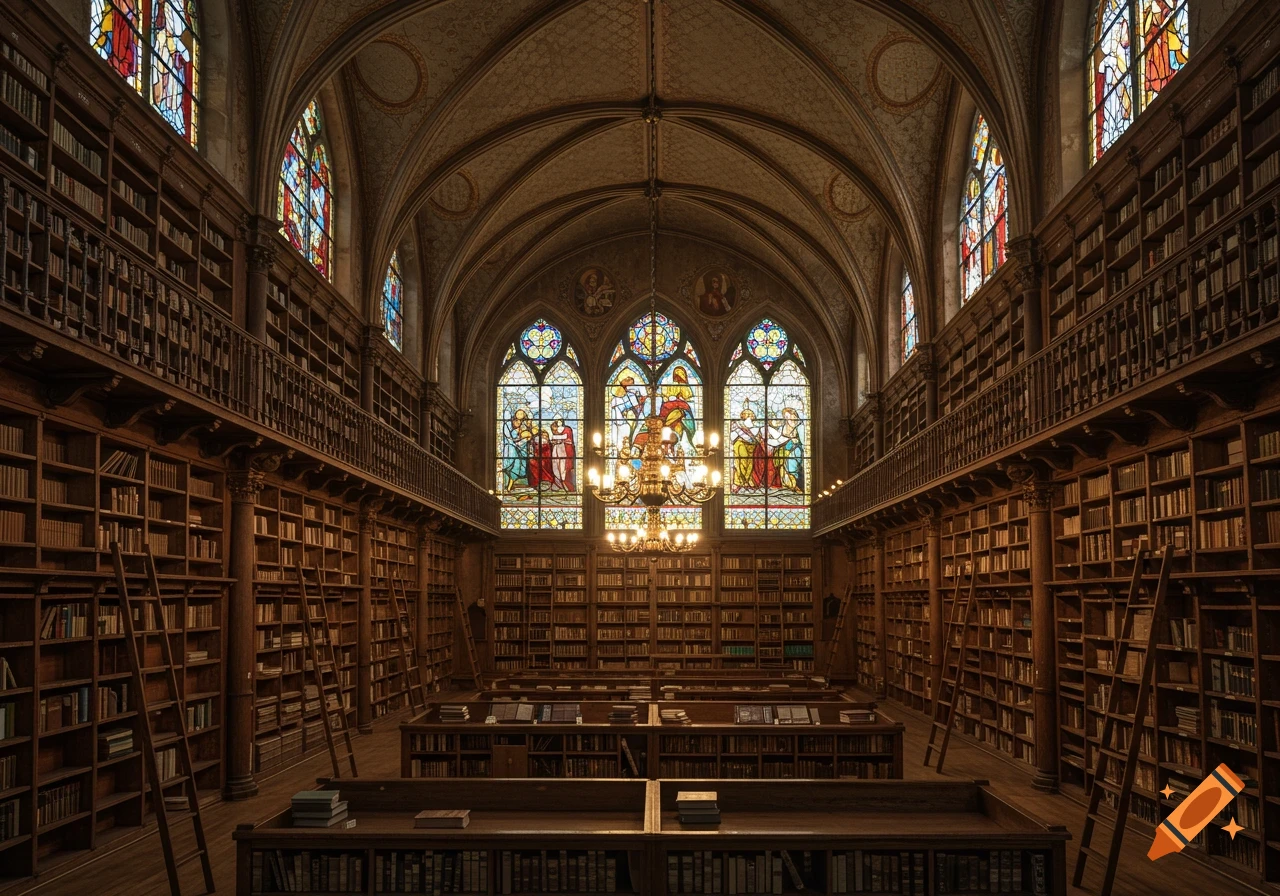 Grand, ornate library with towering wooden bookshelves, ladders, a vaulted ceiling, and large stained glass windows depicting religious figures.