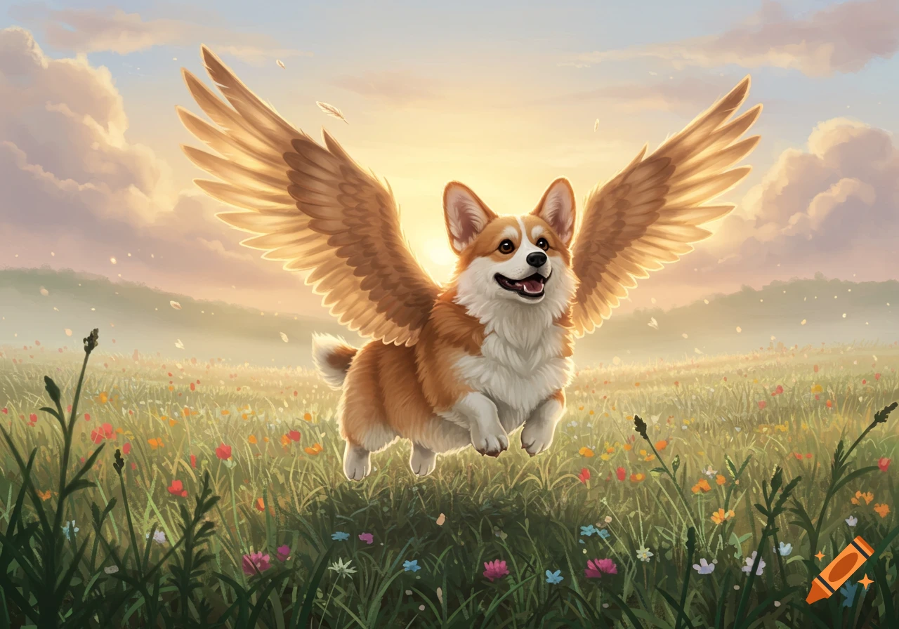 A cheerful winged corgi flies over a vibrant wildflower field at sunrise, in a fantasy digital painting style.