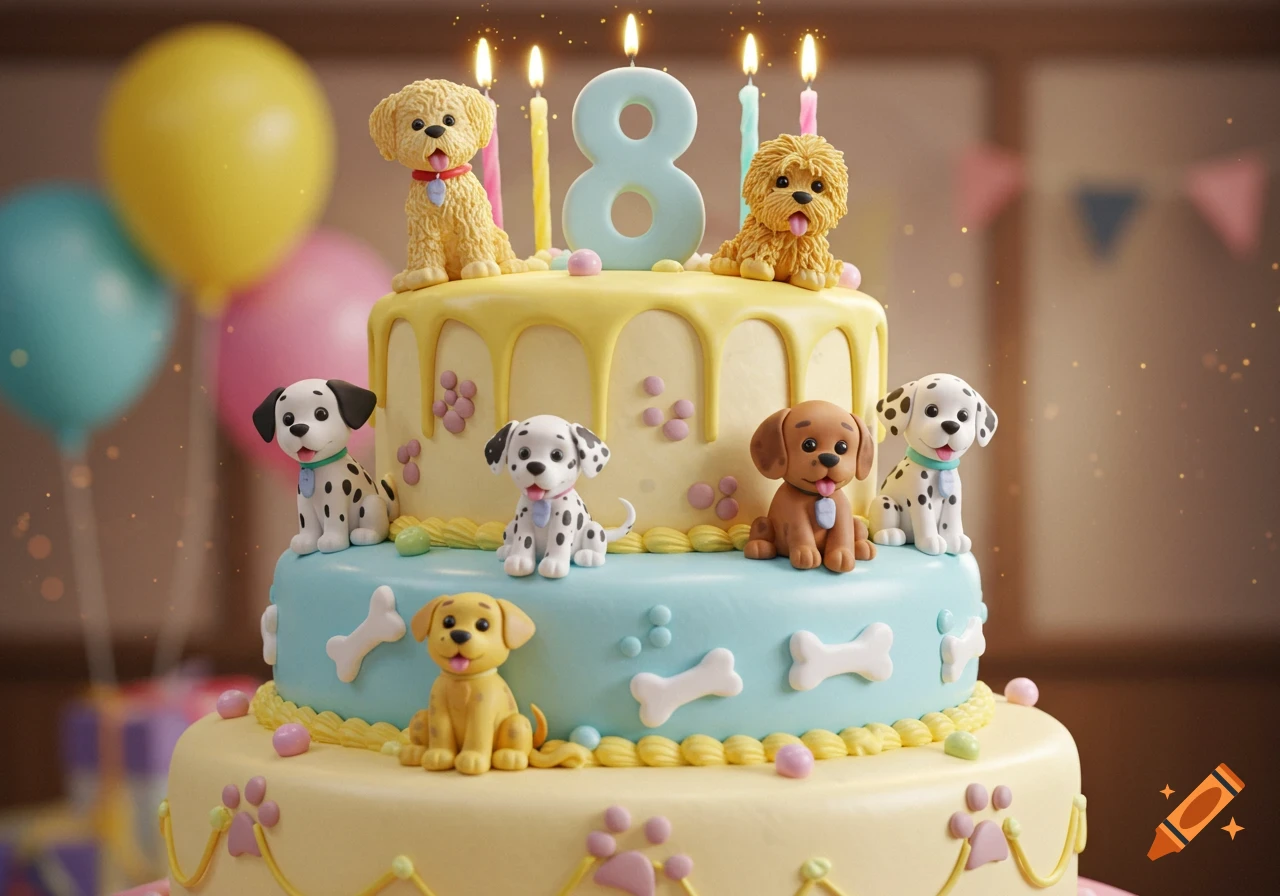 A vibrant birthday cake adorned with various puppy figurines, bones, and a large number 8, set against a backdrop of balloons.