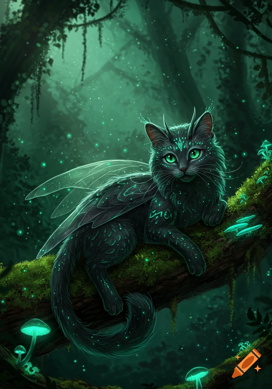 A fantasy black cat-dragon hybrid with glowing green eyes and delicate wings rests on a mossy branch in a dark, magical forest with glowing mushrooms.