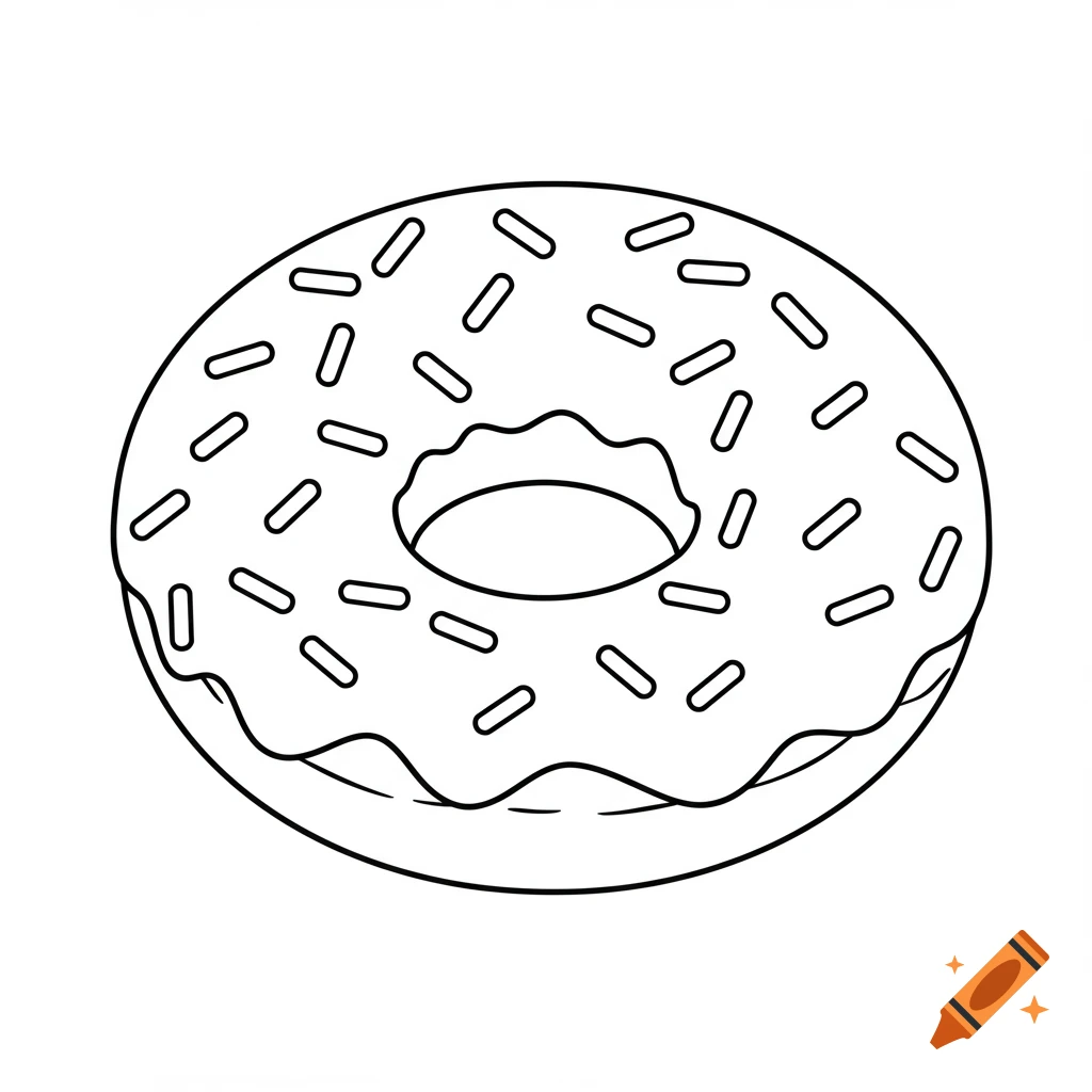 Black and white line drawing of a donut with sprinkles, suitable for a coloring book.
