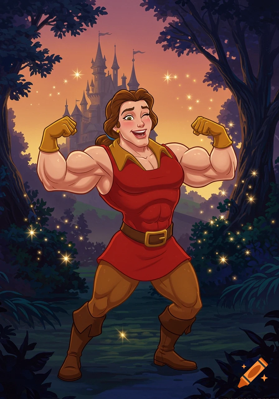 Cartoon Belle, dressed as Gaston, flexes her bicep while winking in front of a castle and forest at sunset.