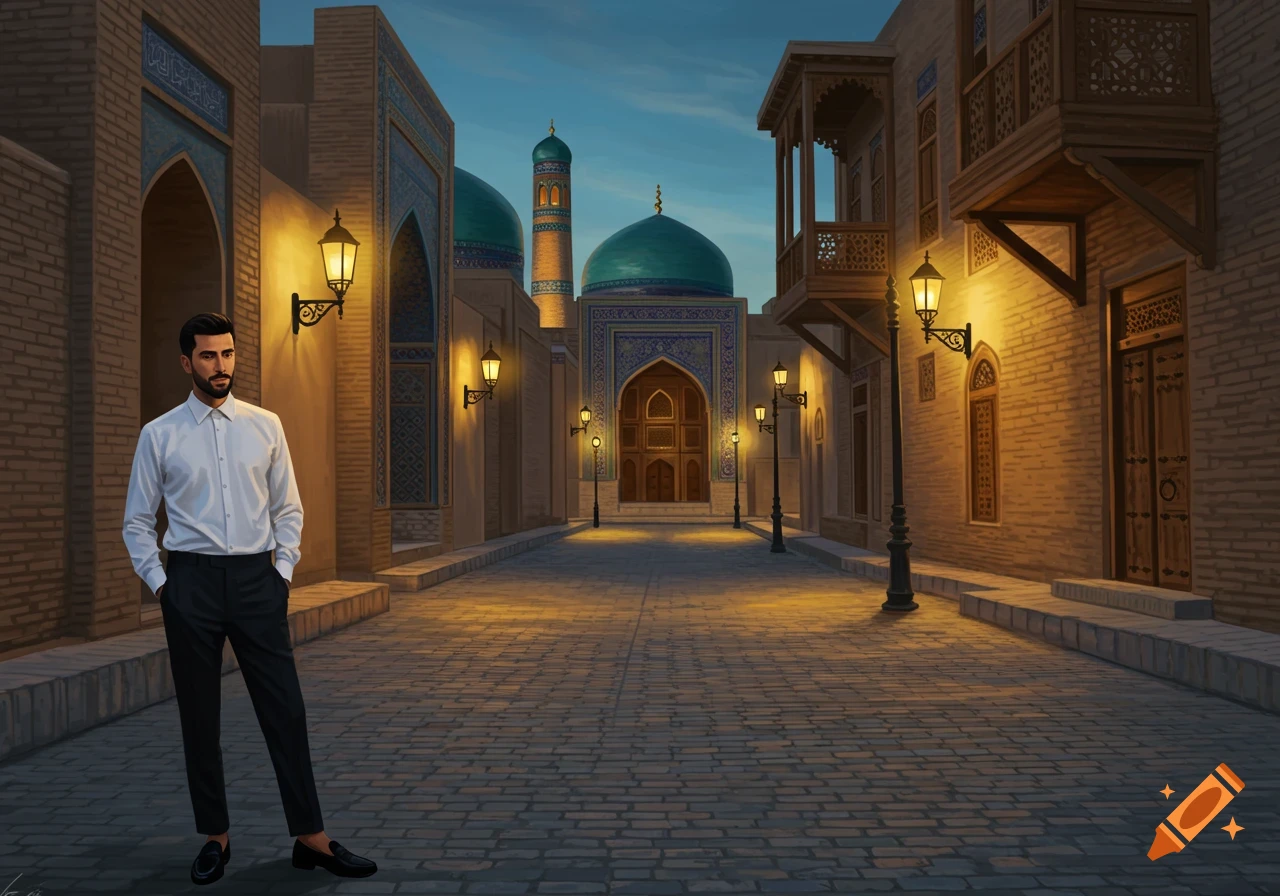 A stylish man in a white shirt and black trousers stands on a cobblestone street at dusk, surrounded by ornate traditional buildings and glowing lanterns.