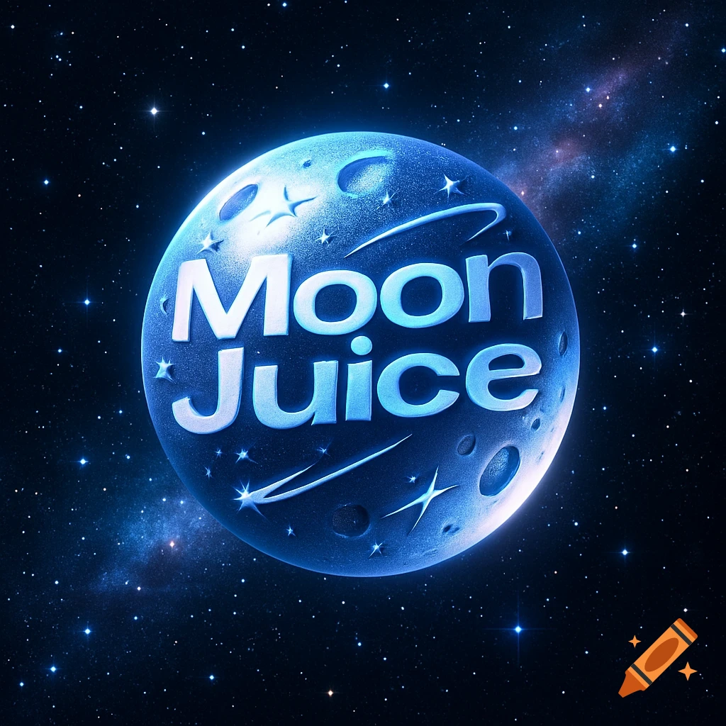 A glowing blue moon-like sphere with "Moon Juice" text and craters, set against a dark starry space background.