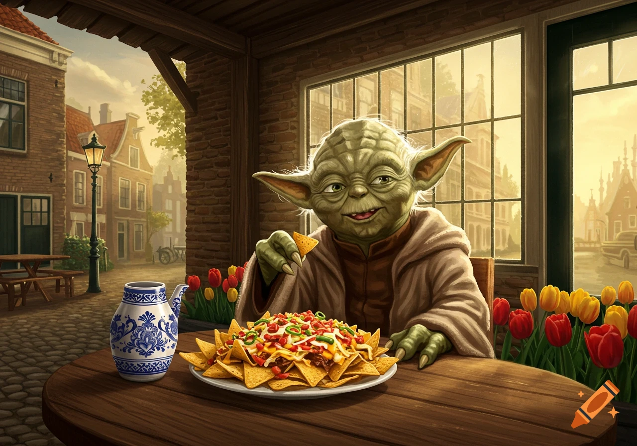 Yoda eating nachos at an outdoor table in a restaurant in the Netherlands.