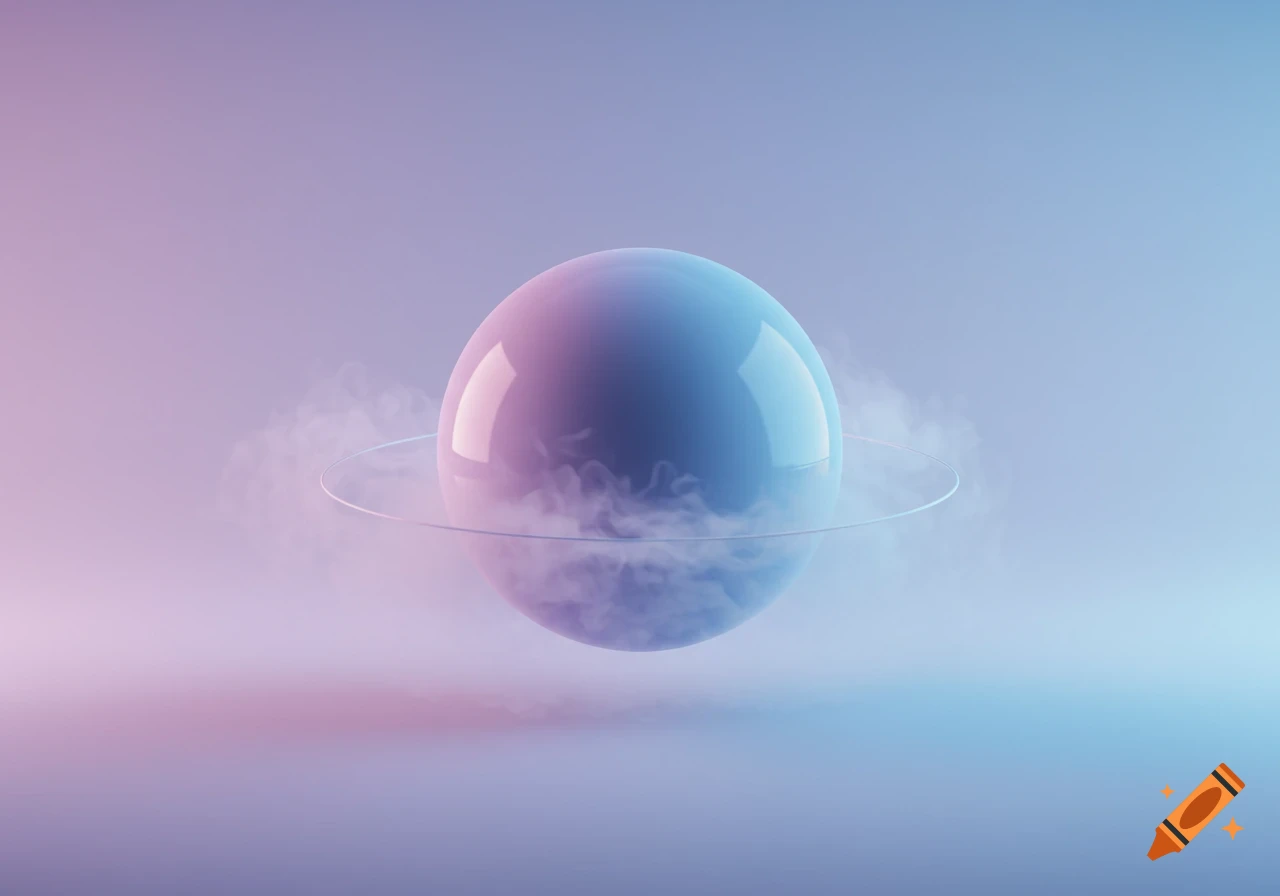 A glossy blue and pink sphere with a thin ring and wisps of smoke against a soft gradient background in an abstract, minimalist style.