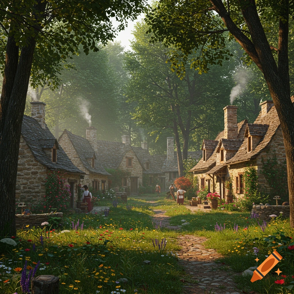 Photorealistic village with stone houses, chimneys smoking, nestled in a sunlit forest clearing with a winding path and wildflowers.