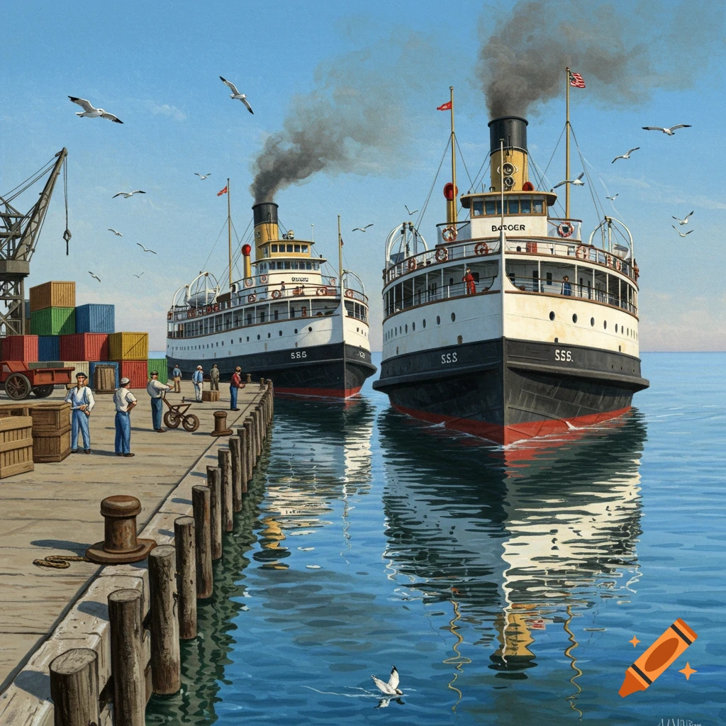 A stylized painting of two large, historic steamboats, the SS Badger and SS Spartan, at a busy dock with cargo containers and people.