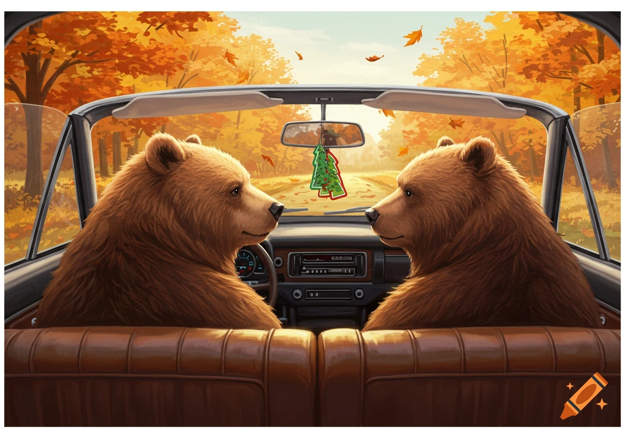 Two brown bears sit in the front seats of a convertible car, looking at each other, driving through an autumn forest.