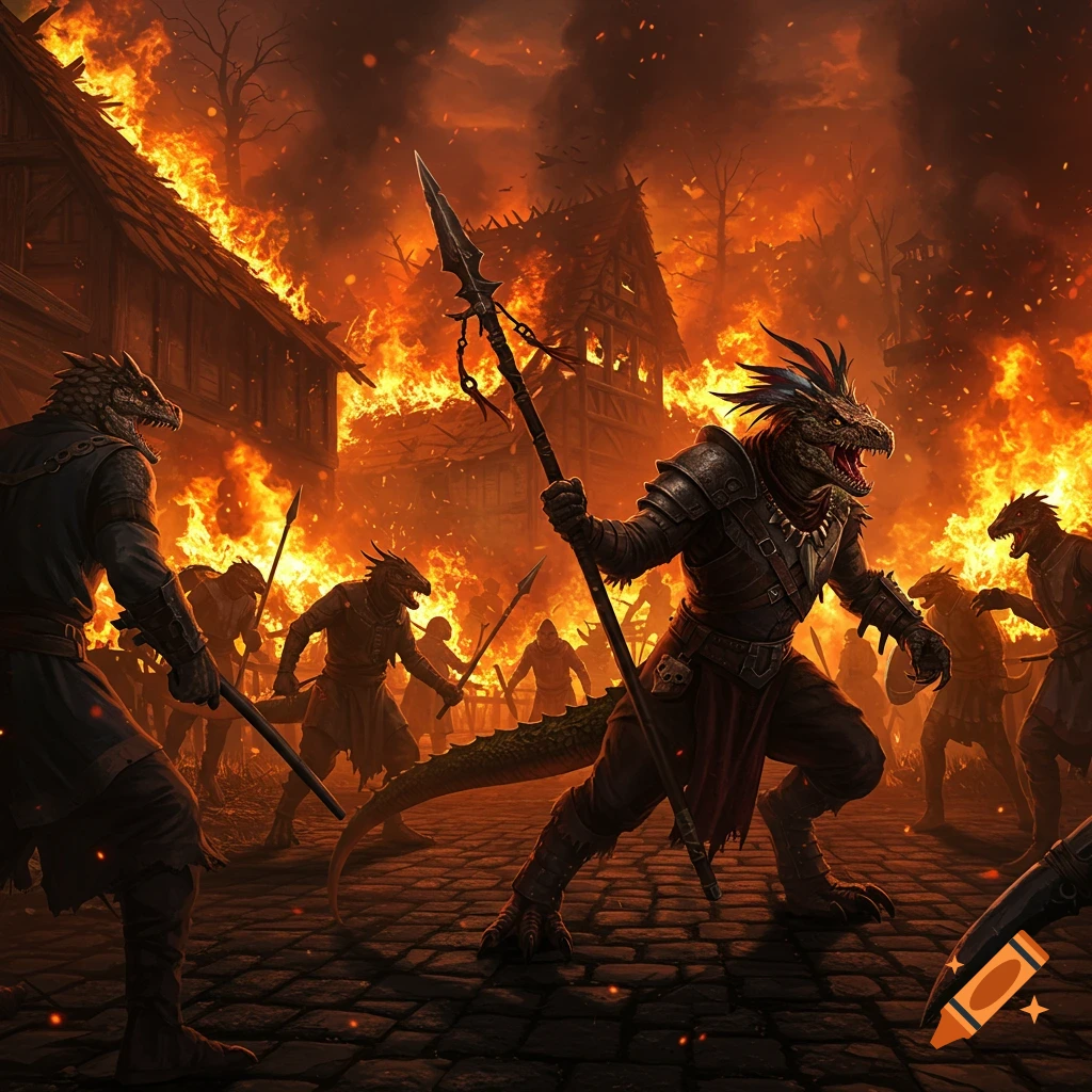 Lizardfolk warriors with spears attack a burning village engulfed in orange flames and smoke, in a dramatic fantasy illustration.
