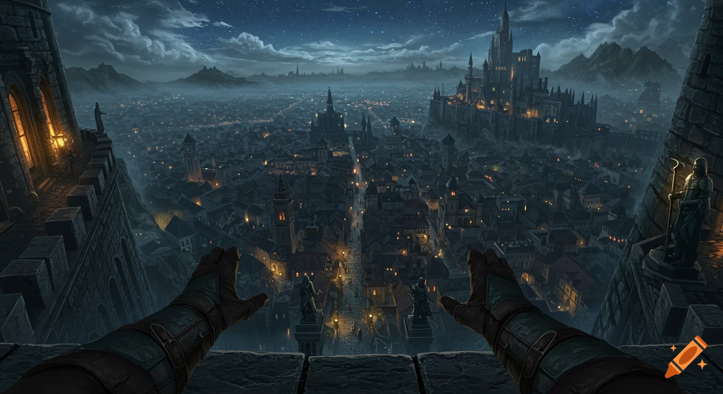 POV shot of gloved hands reaching over a castle battlement, overlooking a vast fantasy city glowing at night under a starry sky.