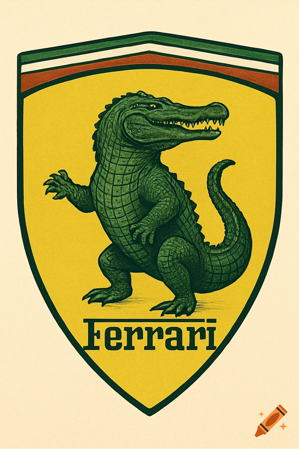 A vintage-style shield logo featuring a green alligator standing on a yellow background with the word "Ferrari" written below.
