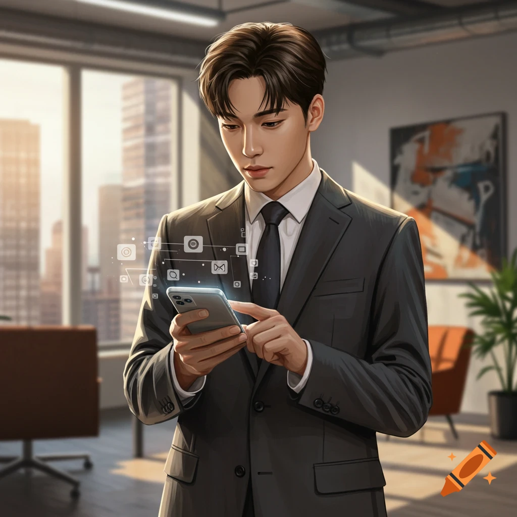 A young man in a dark suit uses a smartphone, surrounded by glowing digital icons in a modern office, digital art style.