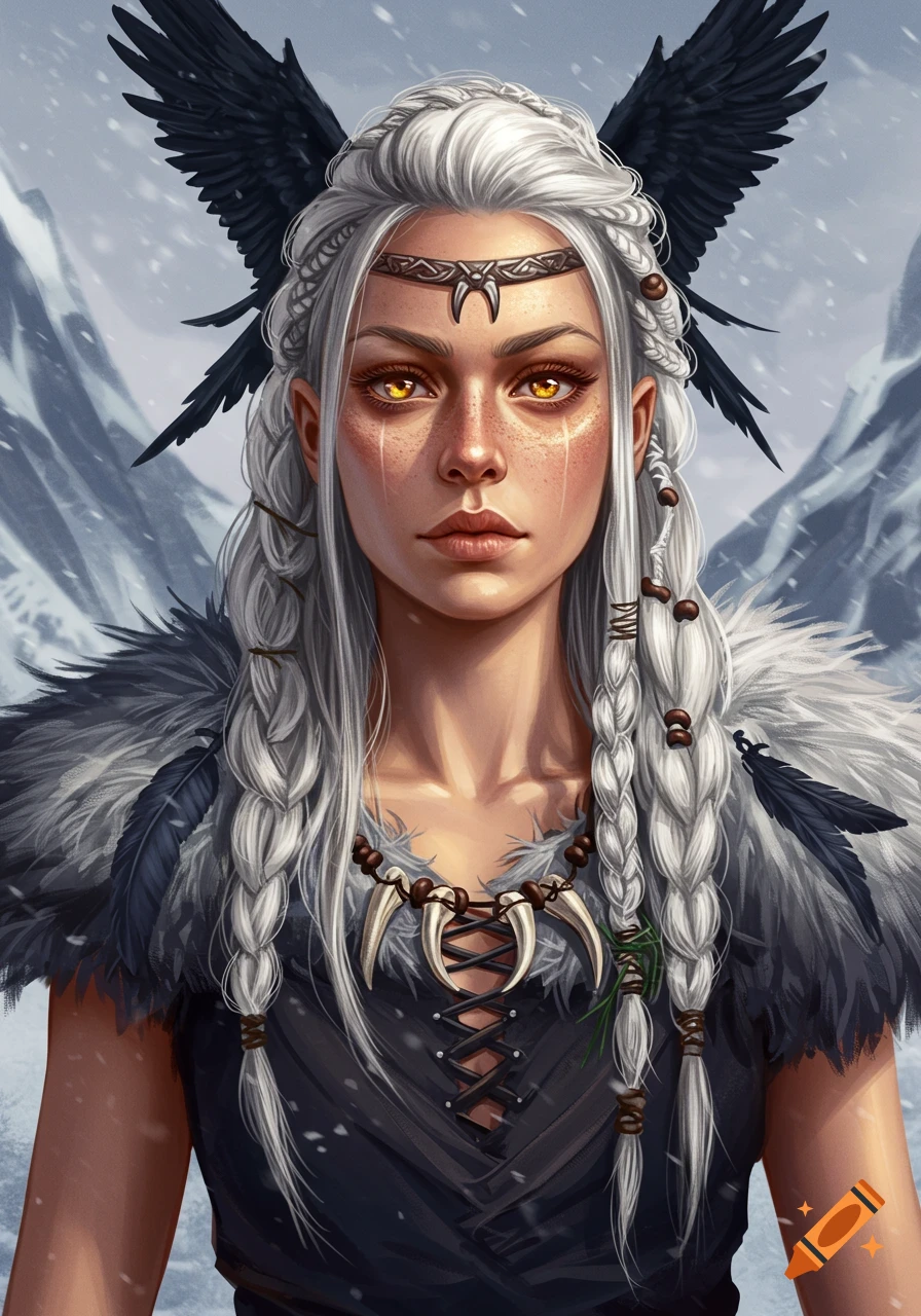 A fantasy portrait of a woman with long white braided hair, bright yellow eyes, freckles, wearing a fur and feather outfit in snowy mountains.