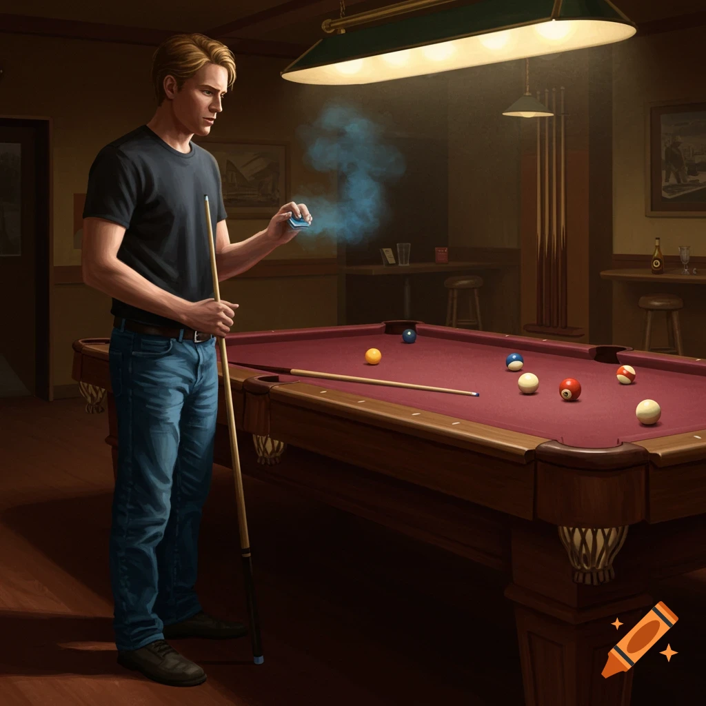 A man in jeans and a black t-shirt stands by a maroon pool table, chalking his cue in a dimly lit bar.