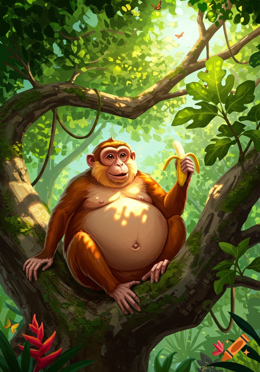 A plump, smiling monkey sits in a lush jungle tree, holding a banana, in a vibrant illustration.