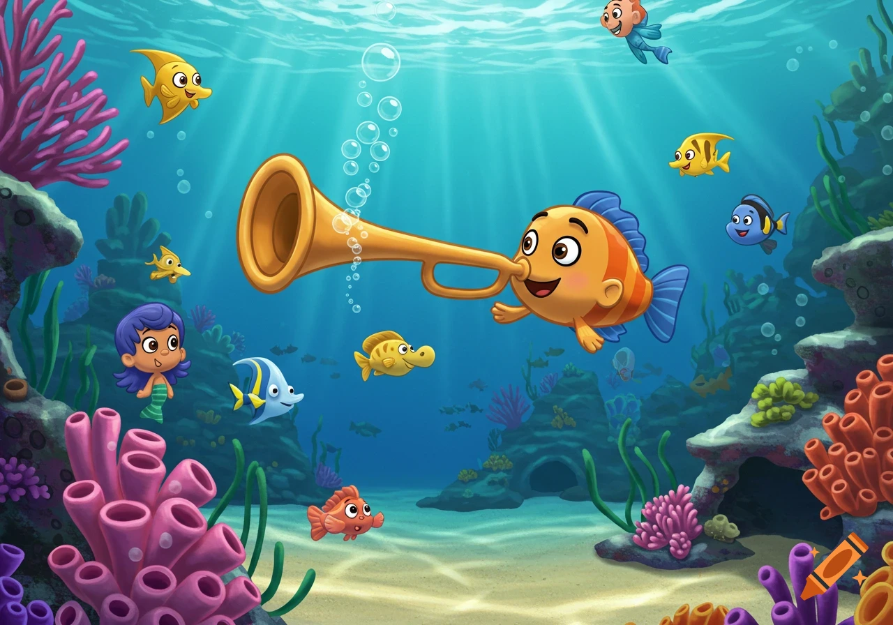 A vibrant cartoon underwater scene with a fish playing a trumpet, surrounded by other fish and a mermaid amidst a coral reef.