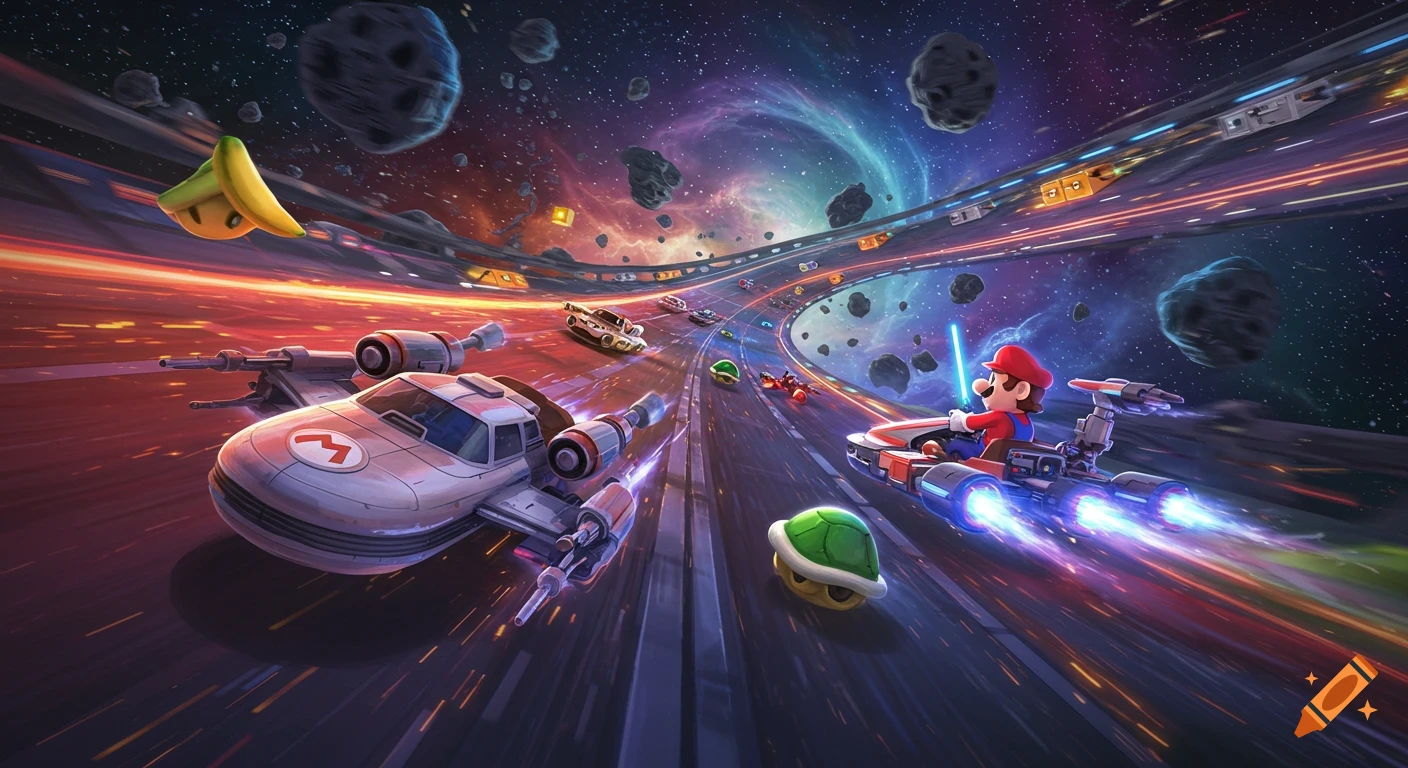 Mario races a Star Wars-style landspeeder on a vibrant cosmic track, dodging asteroids and other racers in a kart race.