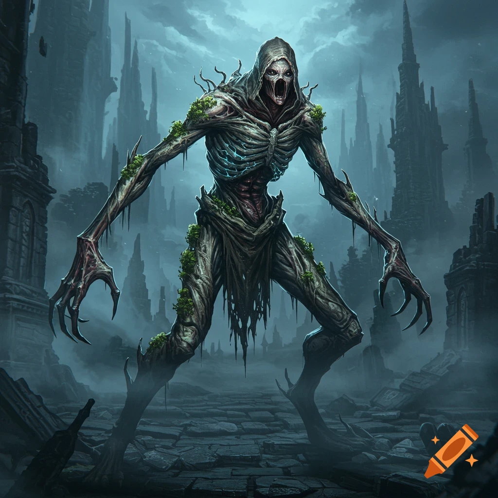 A grotesque, hooded, skeletal monster with long claws and glowing chest stands in a ruined dark fantasy city.