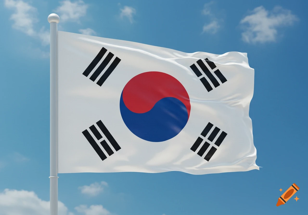 The South Korean flag, white with a red and blue Taegeuk in the center and four black trigrams in the corners, waves against a clear blue sky.