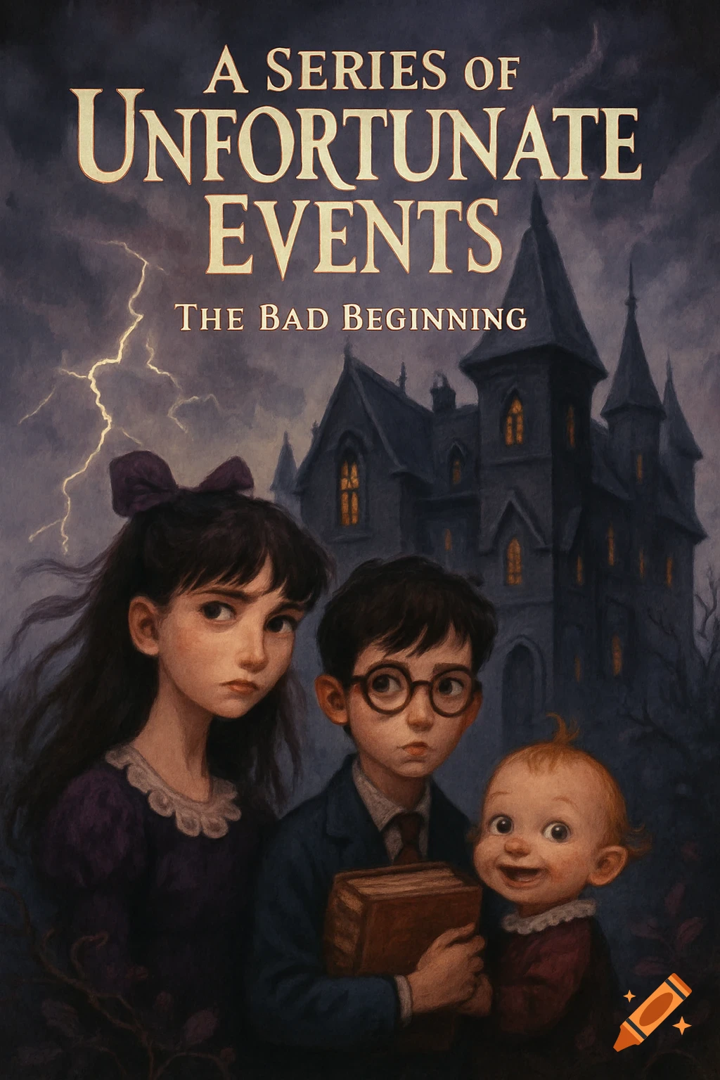 Illustrated book cover with three children before a dark gothic mansion under a stormy sky with lightning. Text: 'A Series of Unfortunate Events: The Bad Beginning'.