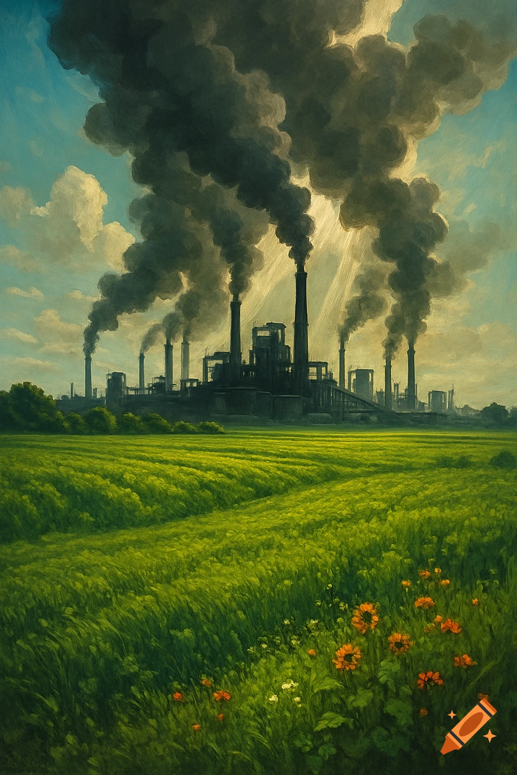 Painterly image of a lush green field with orange flowers contrasted against a large factory with smoking chimneys under a bright sky.