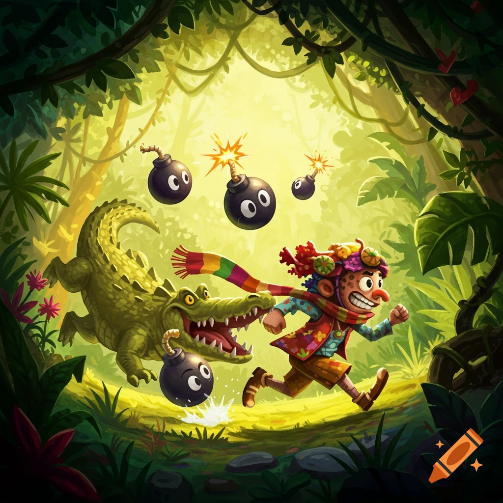A vibrant cartoon illustration of a person with a colorful scarf running from a crocodile and bombs in a jungle.