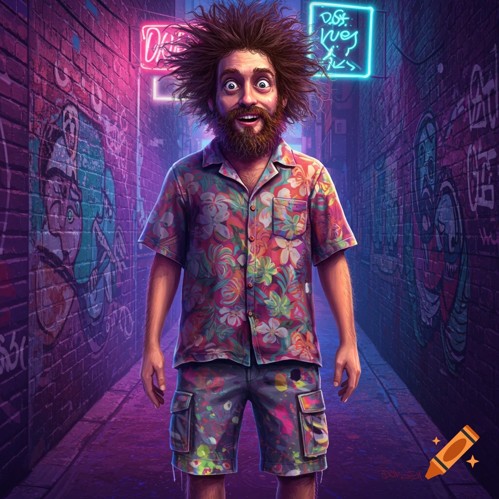 A man with wild, spiky hair and a beard, wearing a vibrant Hawaiian shirt and paint-splattered shorts, stands in a neon-lit, graffiti-covered alley.