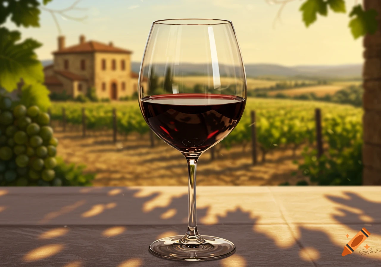 Photorealistic close-up of a wine glass filled with red wine, set on a table overlooking a Tuscan vineyard and building at sunset.