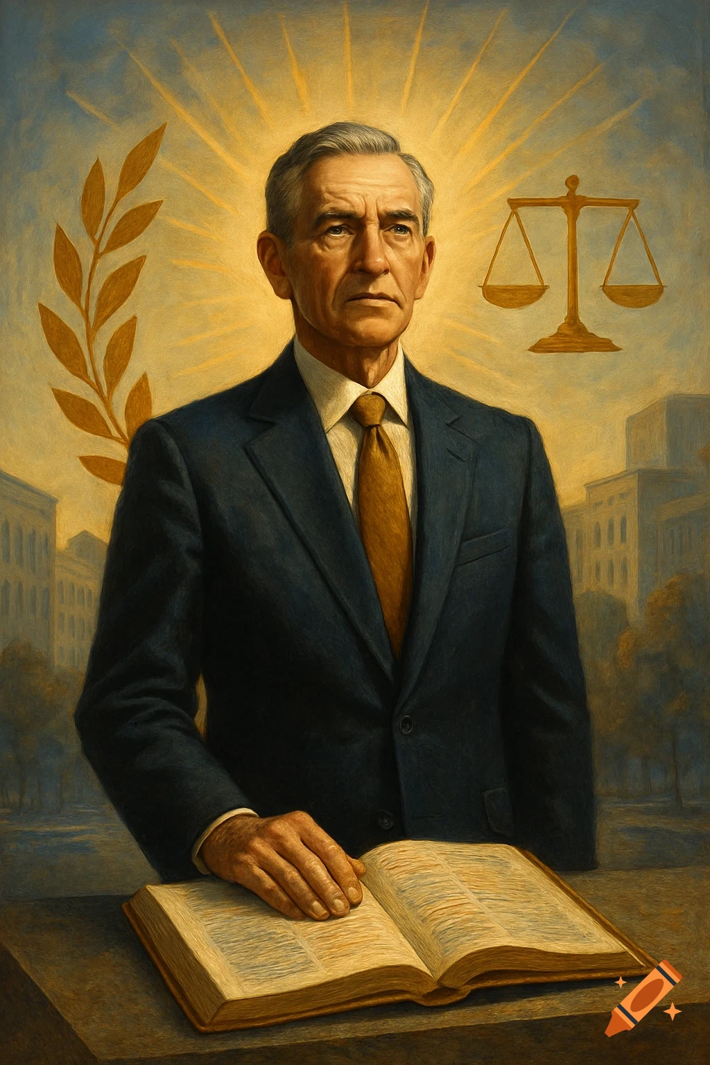 Formal oil painting of a serious man in a dark suit with a gold tie, hand on an open book, flanked by a laurel branch and scales of justice, under glowing rays.