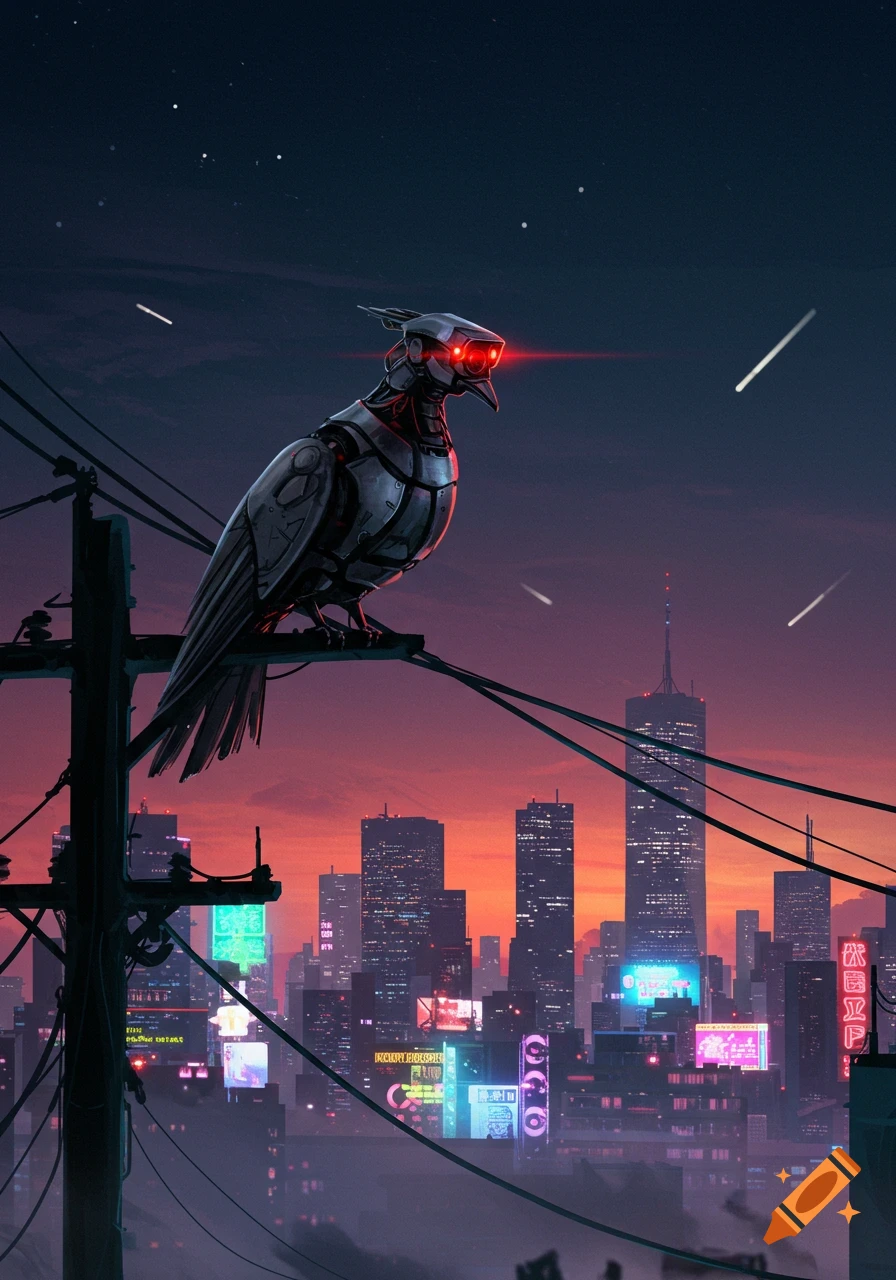 A metallic robot bird with glowing red eyes sits on a power line overlooking a futuristic city at sunset, with neon signs illuminating the buildings and meteors streaking across the dark sky.