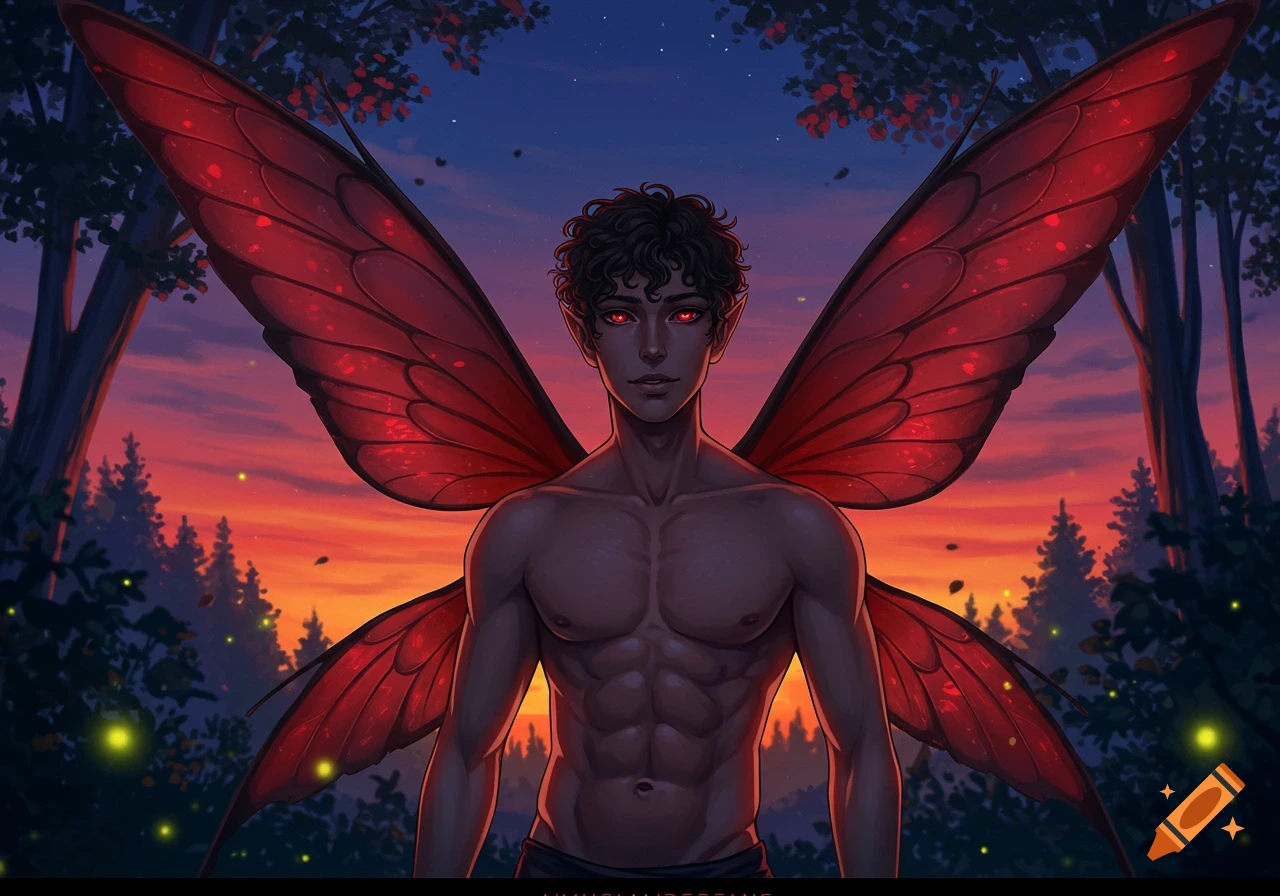 A dark-skinned male anime-style fairy with red eyes, black curly hair, and large red wings stands shirtless in a forest at sunset, with fireflies.