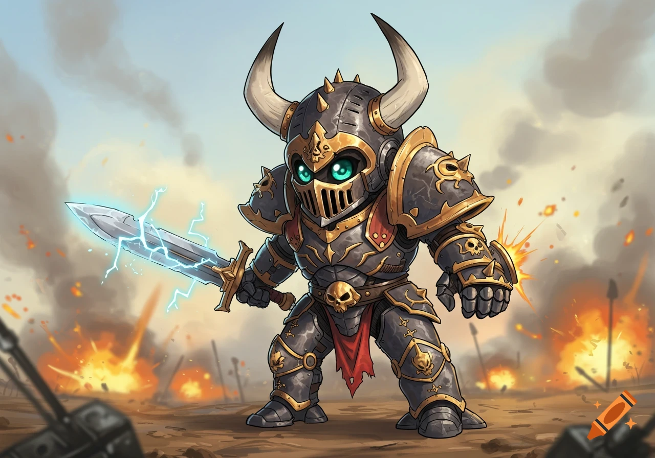 An anime chibi chaos knight in spiky black and gold armor holds a lightning sword on a smoky battlefield with explosions.