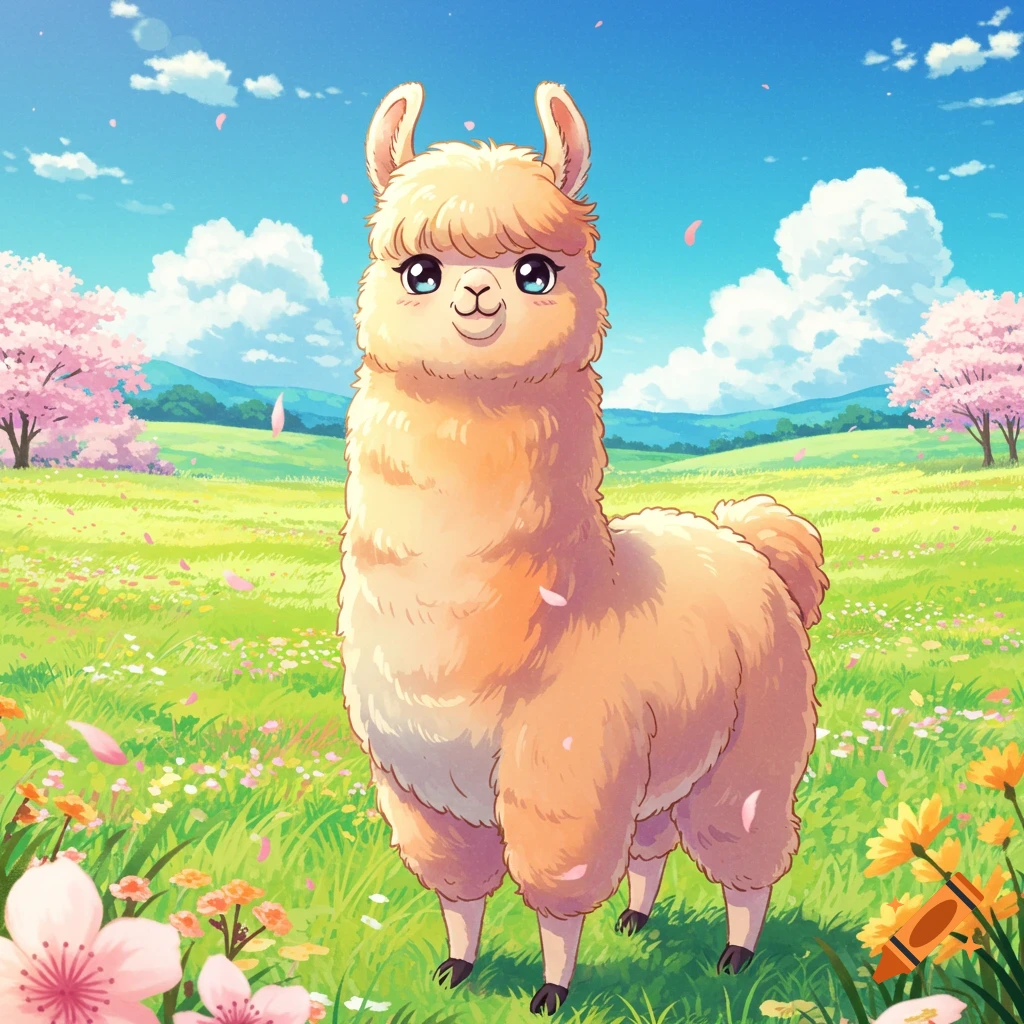 A cute, fluffy anime-style llama with big eyes stands in a vibrant green field with pink cherry blossoms and wildflowers under a blue sky.