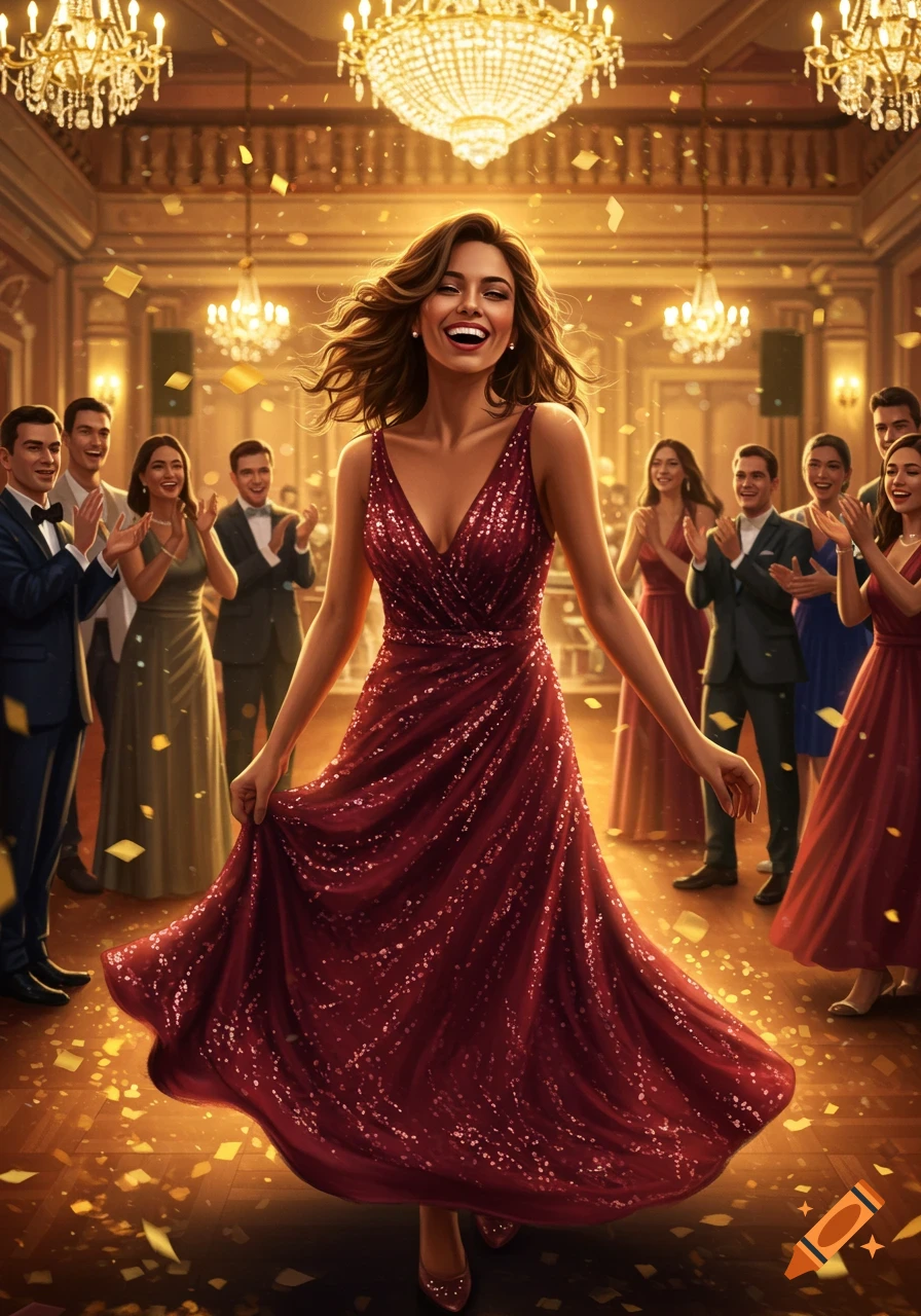 Smiling woman in a red sequined gown posing in an opulent ballroom with confetti falling and people clapping in the background.